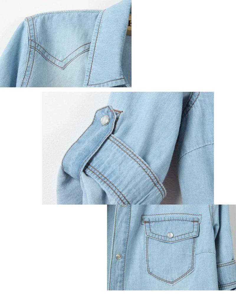 Omoone Women's 3/4 Sleeve Modern Denim Crop Top Tie Knot Shirt Cardigan (0774-Light Blue-L) - Image 5